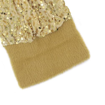 Women Sparkly Sequins Knitted Beanie Hat Warm Winter Skull Cap with Faux Fur Pom Pom - color: Light Gold