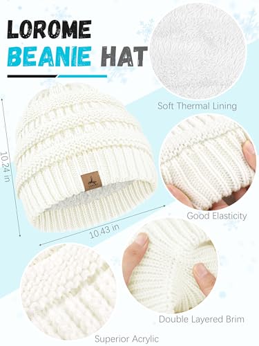 LOROME Winter Beanie Hat Scarf Gloves, Warm Fleece Knit Neck Scarf Set Gift - color: Ivory