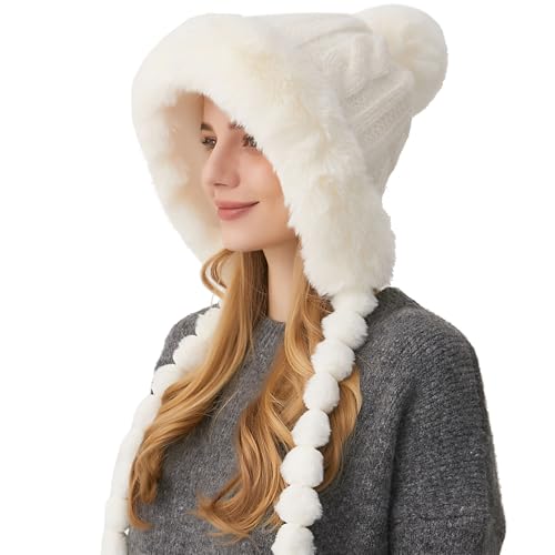 HUAMULAN Women Winter Sherpa Beanie Hats Knit Ear Flaps Fleece Lined - color: Cream White With Braids
