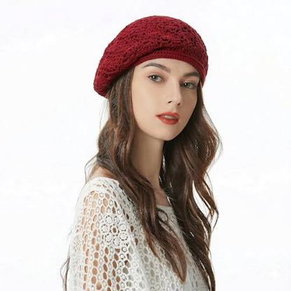 ZLYC Women Cotton Slouchy Crochet Beret Handmade Cutout Floral Beanie Hat - color: Crocheted Red