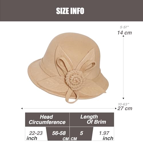 Woolen Cloche Hat for Women, Flower Winter Warm Bucket Cap - color: Camel