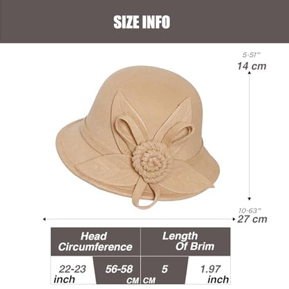 Woolen Cloche Hat for Women, Flower Winter Warm Bucket Cap - color: Camel
