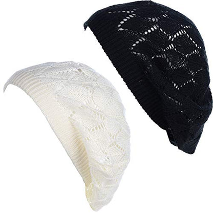 BYOS Chic Parisian Style Soft Lightweight Crochet Cutout Knit Beret Beanie Hat - color: 2-pack Leafy White & Black