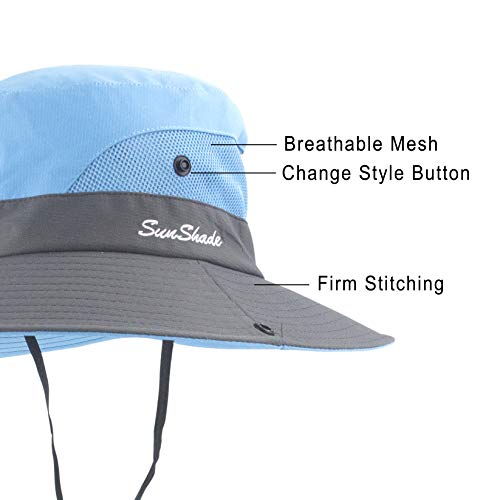 Muryobao Women's Ponytail Sun Hat UV Protection Foldable Mesh Wide Brim Beach Fishing Hat - color: Sky Blue