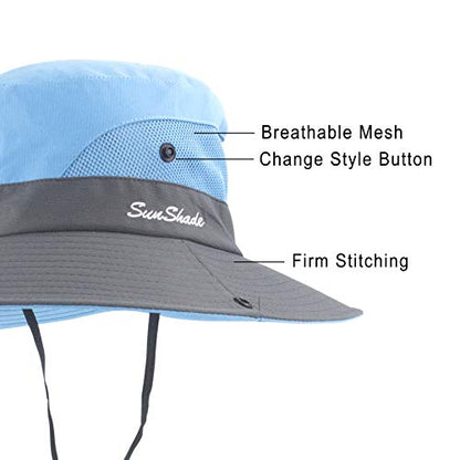 Muryobao Women's Ponytail Sun Hat UV Protection Foldable Mesh Wide Brim Beach Fishing Hat - color: Sky Blue