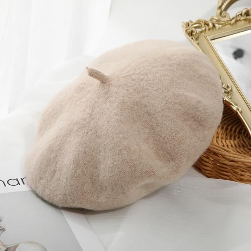 Women French Wool Beret Hats - Solid Color Classic Beanie Winter Cap - color: Beige