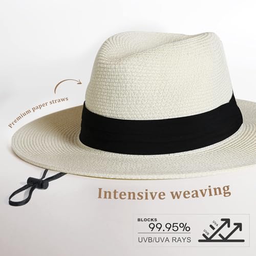 FURTALK Womens Mens Wide Brim Straw Panama Hat Fedora Summer Beach Sun Hat - color: Ac-cream White, size: Medium-Large