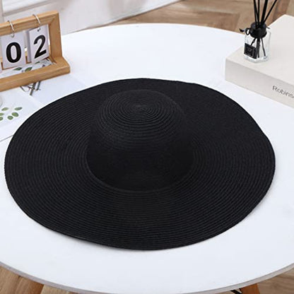 Big Beach Hats for Women Foldable Summer Wide Brim Packable Oversized Sun Hat Lady Girl Travel Straw Cap - color: Black