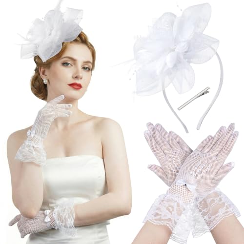 Fascinators Hats with Lace Gloves for Women Headband for Tea Party Wedding - color: White