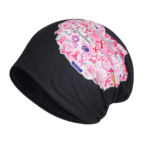 Jemis Sweet Heartwarming Breast Cancer Beanie Hat, Romantic Knitted Hat, Cancer Headwear Caps Baggy Skull Sleep Scarf - color: 2 Pack Pink & Black