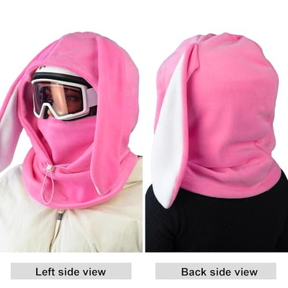 Fleece Balaclava Over Helmet - Warm Helmet Ninja Hood - Snowboard Hooded Hat Neck Gaiter Ski Mask - color: Pink&white|bunny, size: One Size