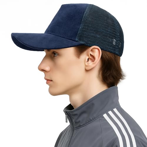 TopTie Suede Mesh Baseball Cap, Breathable Snapback Trucker Cap, 5-Panel Unisex Adjustable Sports Hat for Outdoor - color: Navy