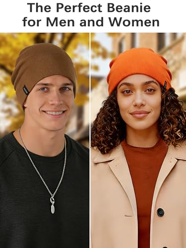 Wool Blend Thin Beanie for All Season, 2 Pack Lightweight Slouchy Knit Beanie Hats Sleep Cap - color: Orange/Brown