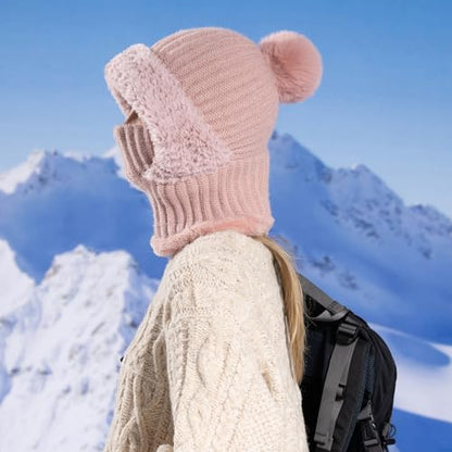 HUAMULAN Women Winter Knit Beanie Hats One Piece Fleece Lined Balaclavas - color: Pink + Faux Fur