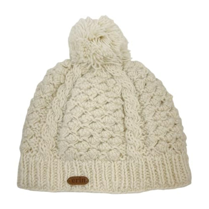 Briomhar Pom Beanie for Women - Fleece Lined 100% Wool Winter Hats for Women - Knit Hat Designed in Ireland - color: Cream