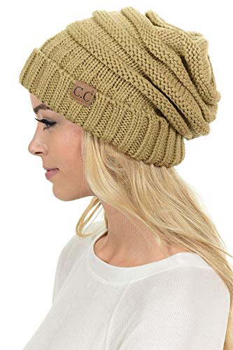 C.C Hat-100 Oversized Baggy Slouch Thick Warm Cap Hat Skully Cable Knit Beanie - color: Camel