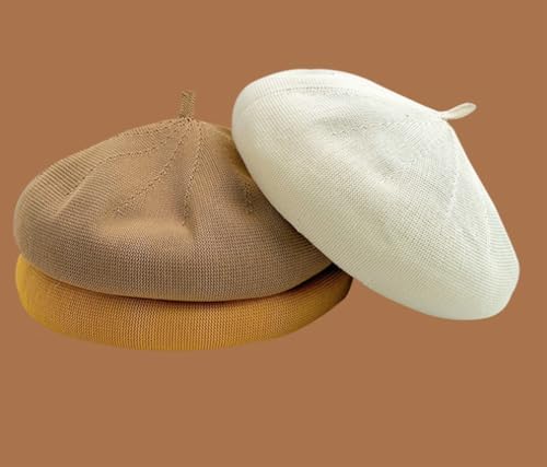Epsion Women's Cotton Knitted Beret Hat Summer Breathable British Retro Artist Painter Hats Slouchy Solid Color Beanies - color: Rose