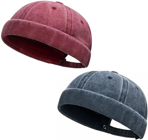 Initlove Docker Hat for Men Vintage Brimless Sailor Hat Beanie Cap - color: Navy + Wine Red