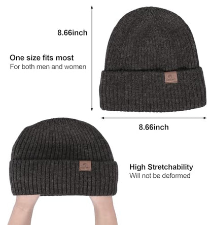 ZTL Merino Wool Beanie Hat for Men Women, Thick Warm Fleece Lined Knit Winter Hats Cuffed Beanie Stocking Hat Ski Skull Cap - color: Black Grey Mix