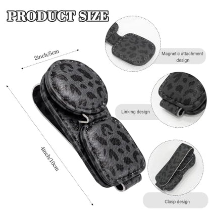 Dual Clip Car Sunglasses Holder, Applicable to Most Eyeglasses, Magnetic Leather Sun Glasses Mount Clip on Visors, Holds 2 Pairs of Glasses, Car Interior Visor Accessories (Leopard-Black)