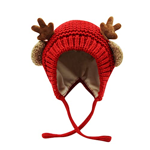 AIBEARTY Cute Deer Elk Antlers Baby Hat Winter Warm Plush Knitted Ear Warmer Bonnet Boys Girls Cap Beanie with Chin Strap - color: Red