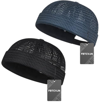 2 Pack Men's Breathable Brimless Hat Summer Style Mesh Tang Ultra Cooling Skull Adjustable Hip-Hop Cap Docker Beanie - color: Black+blue