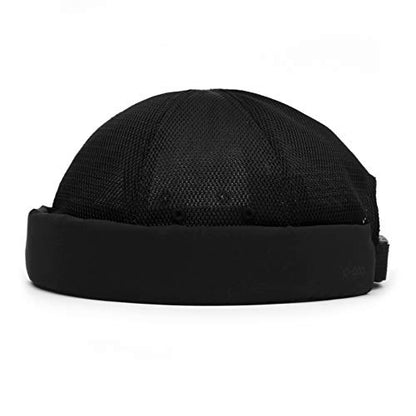 UNDERCONTROL Brimless Sailor Fisherman Mesh Hat for Men Women, Nylon Supplex UPF 40, Rolled Cuff Docker Buckle, Summer Skull Cap (Black)