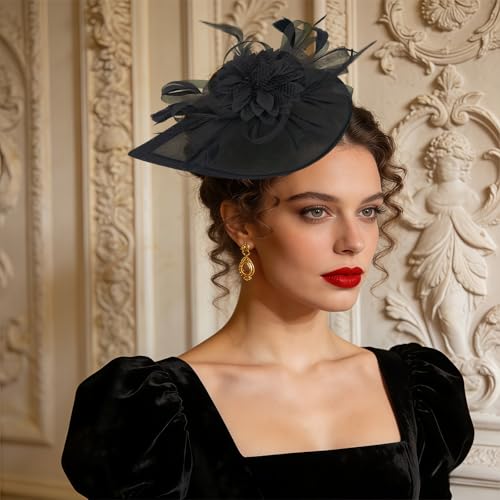 Women Vintage Fascinator Hat Flower Feather Mesh Headband Clip Pillbox Headwear for Wedding Tea Party - color: 01 Black