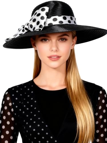 Women Wide Brim Rose Black Patchwork Kentucky Hat for Wedding Party Hat Big Bowknot Polka Dots Fedora Hats - color: Black