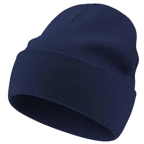 100% Cotton Beanie Lengthen Cuffed Beanies Knit Winter Hats Unisex - color: 1-navy Blue