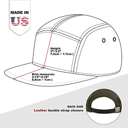 The Hat Depot Made in USA Cotton Twill 5 Panel Flat Brim Genuine Leather Brass Biker Board Cap - color: Olive