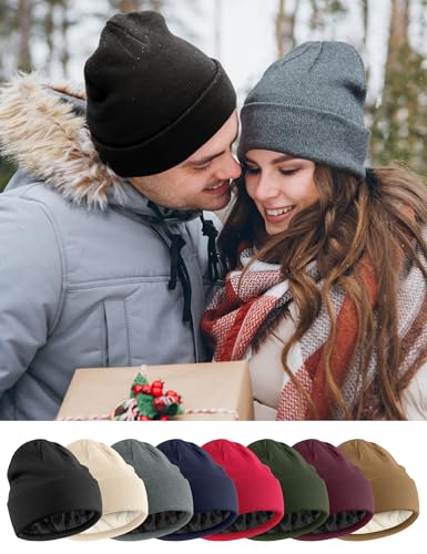 Fleece Lined Wool Beanie Hat Men Women, Warm Cuffed Winter Cap - color: Light Gray