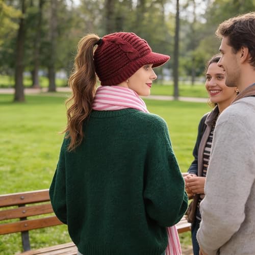 Women's BeanieTail Warm Knit Hat Messy High Bun Ponytail Visor Beanie Cap - color: B340-burgundy, size: Medium