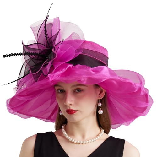 Women Organza Church Derby Hat Wide Brim Sun Caps for Wedding Tea Party Hat with Detachable hat Flower as Headgear - color: 10-rose Red