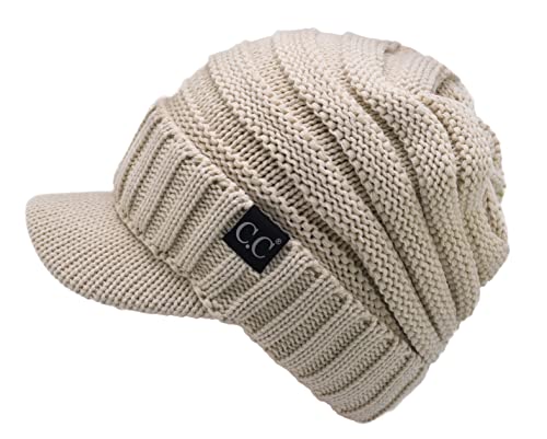 C.C Trendy Warm Oversized Chunky Soft Oversized Ribbed Slouchy Knit Hat with Visor Brim - color: Beige