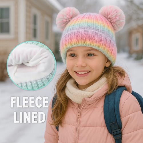 Toddler Winter Knit Hat Upgrade Fleece Lined Pompom Ears Beanies Cap for Boys Girls 3-12 Years - color: Rainbow Color