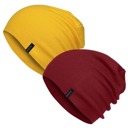 Wool Blend Thin Beanie for All Season, 2 Pack Lightweight Slouchy Knit Beanie Hats Sleep Cap - color: Red/Yellow