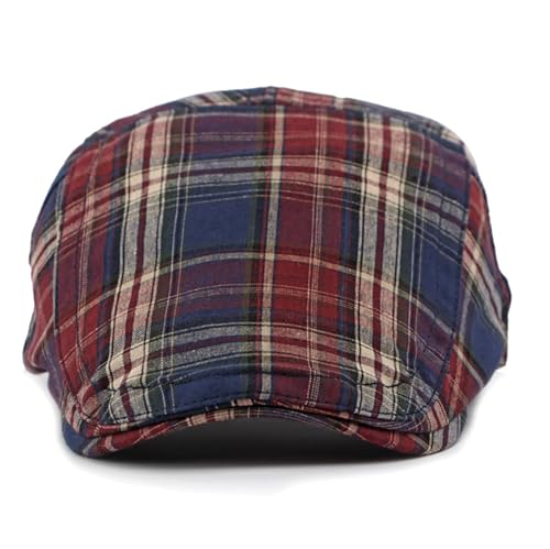 Summer Tartan Plaid Newsboy Cap Adjustable Cotton Gatsby Cabbie Outdoor Sun Flat Hat - color: Red