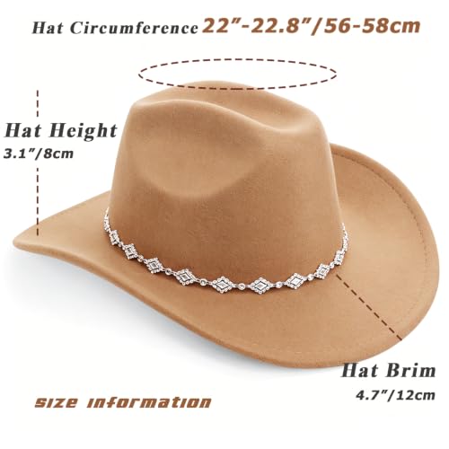 DRESHOW Women's Western Cowboy Hat Rhinestone Cowboy Cowgirl Hat Glitter Wide Brim Felt Fedora Hats Unisex Rolled up Caps - color: 1 Pack Style 11: Camel