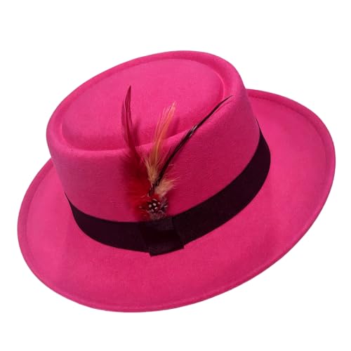 Classic Pork Pie Hat with Feathers Flat Top Fedora, Vintage Panama Hats, Warm Comfortable Jazz Cap - color: Rose