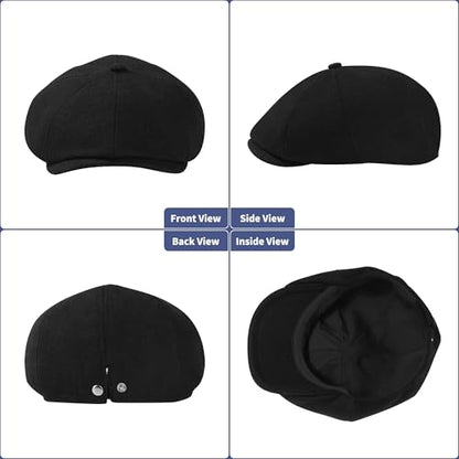 Men's Wool Blend Newsboy Cap Adjustable Gatsby Ivy Newsies Cabbie Hat Classic 8 Panel Tweed Flat Winter Hat - color: Pure Black, size: Medium