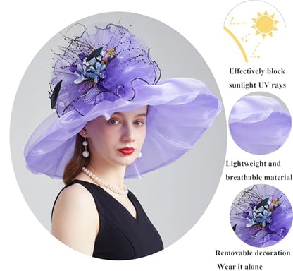 Women Organza Derby Hat Fascinator Tea Party Wedding Church Derby Hat Fascinator Hats Dual-use - color: 02d Light Purple
