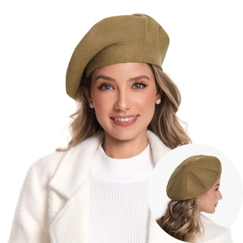 Women's Knitted Beret, French Style Double Layer Winter Autumn Warm and Soft Beanie Hat Cap - color: Camel