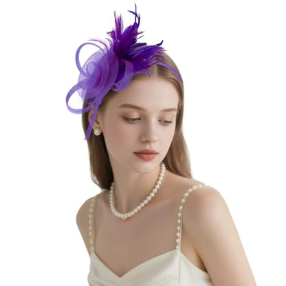 AMCAMI Fascinators Hats with Feather for Women 2026 Derby Hats Small Tea Party Hat with Headband - color: Purple