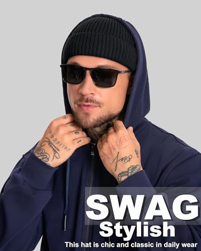 Short Wool Fisherman Beanie for Men Women Fleece Lined Winter Hat - color: 1pcs Black