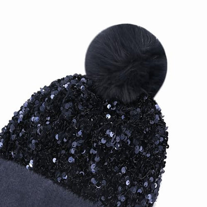 Women Sparkly Sequins Knitted Beanie Hat Warm Winter Skull Cap with Faux Fur Pom Pom - color: Dark Blue