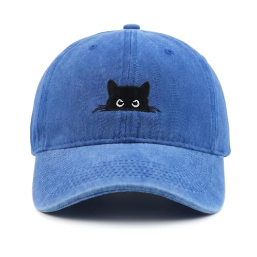 Peeking Black Cat Embroidered Washed Baseball Cap, Adjustable Vintage Dad Hat for Cat Lovers Unisex - color: Blue