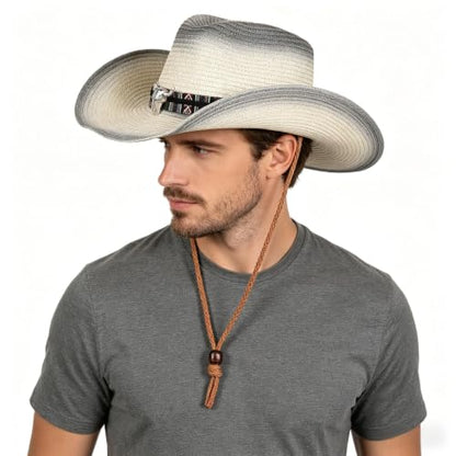 Straw Cowboy Sun Hat for Men Women Summer Fedora Beach Panama Western Cap - color: Black