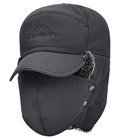 Mens Winter Thermal Trapper Hat Russian Ushanka Ski Hunting Dad Cap Ear Flaps Motorcycle Cycling Mask Women Warm Fur Snow Hat - color: Grey, Solid