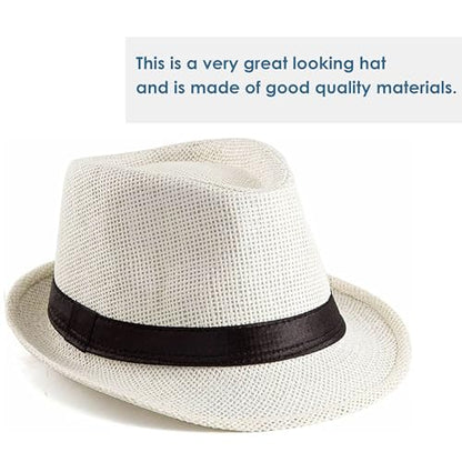 Straw Fedora Hat for Men Panama Hat Short Brim Summer Sun Hat - color: Black Belt-cream